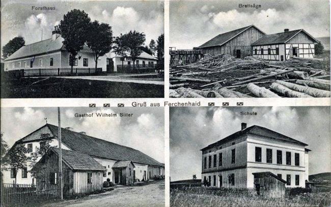Rok 1910 – hájovna, pila, hostinec Wilhelm Sitter, škola. Foto: Hch. Hartmann Vídeň